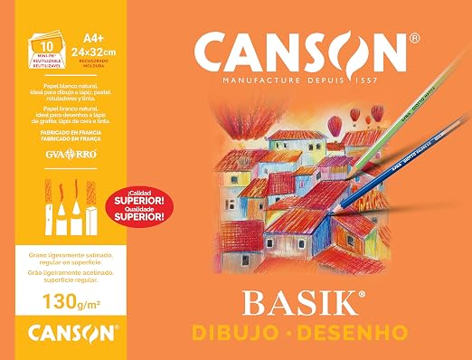 Canson Dibujo Basik, Papel de dibujo blanco, Grano fino, 130gsm, Minipack, 24x32cm, Blanco natural, 10 hojas - Recuadrado