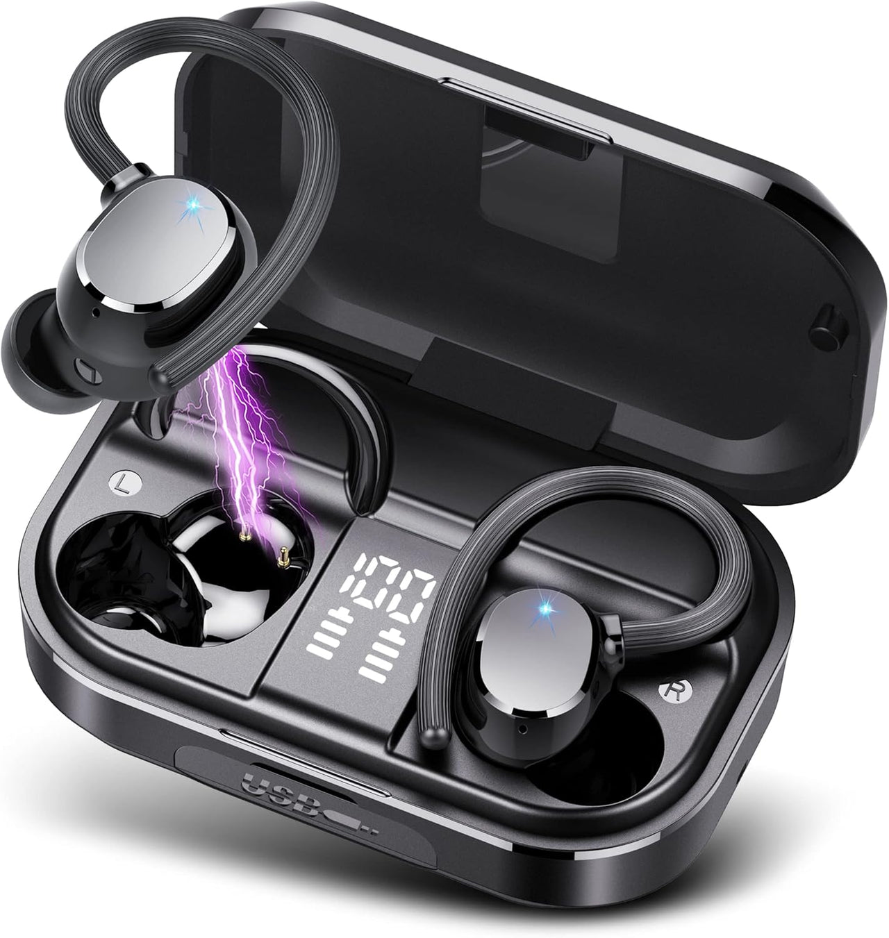 POMUIC Auriculares Inalámbricos Deportivos, 2023 Auriculares Bluetooth 5.3, 120H de Reproducción con Cancelacion Ruido ENC, Auriculares Inalambricos IPX7 Impermeable, Carga Rápida USB-C Pantalla LED