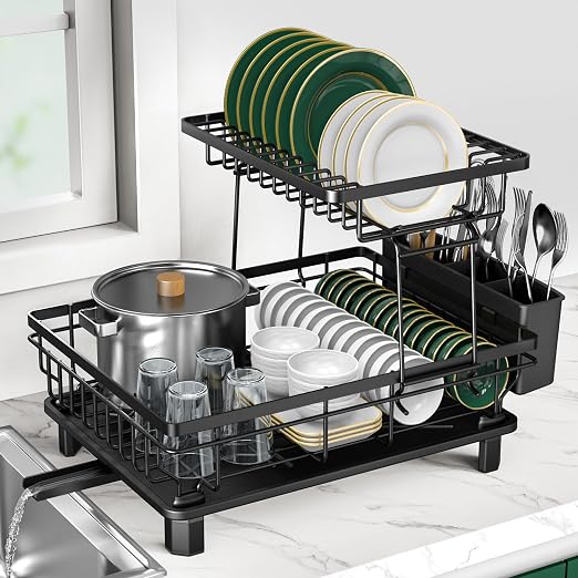 Rottogoon Escurreplatos Grande de Acero Inoxidable de 2 Niveles para encimera de Cocina, escurridor de Platos Duradero con Soporte para Utensilios de Drenaje para Varios Utensilios de Cocina, Color