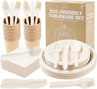 200 Platos de Papel Ecológicos para Cumpleaños, Platos de Cartón Marrón, 25 Invitados Vajilla Reutilizable para Fiesta, Boda y Picnic, Plato, Cuchara, Tenedor, Cuchillo, Vasos, Servilletas
