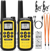 Radioddity PR-T6 Walkie Talkie Niños PMR446 Walkie Talkie Recargable de Largo Alcance con 16 Canales, VOX, Carga USB-C, Linterna, Auricular para Acampar Senderismo, Paquete de 2, Amarillo
