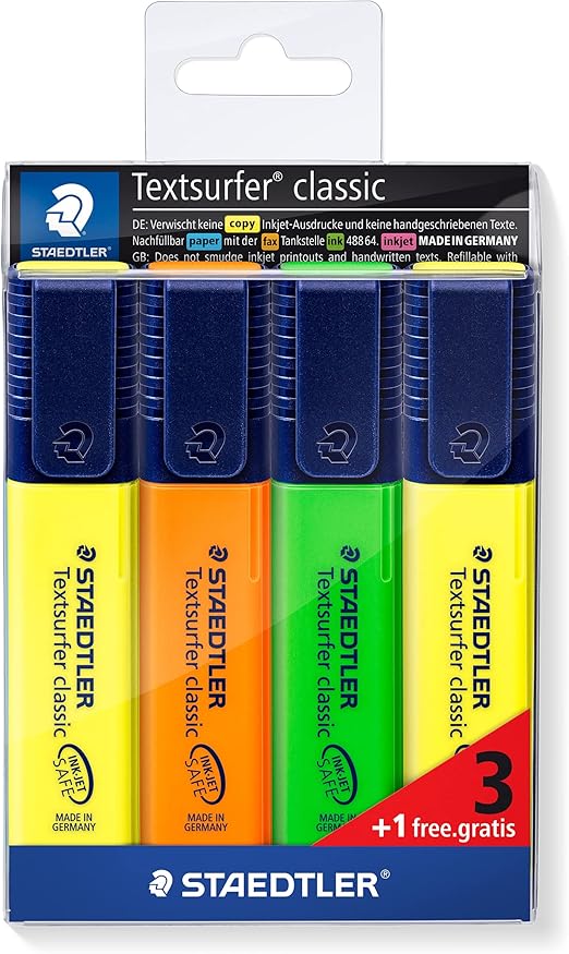 STAEDTLER Textsurfer Classic 364-S WP4P - Estuche promocional con 3 marcadores fluorescentes en colores surtidos + 1 marcador fluorescente color amarillo, Multicolor