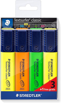 STAEDTLER Textsurfer Classic 364-S WP4P - Estuche promocional con 3 marcadores fluorescentes en colores surtidos + 1 marcador fluorescente color amarillo, Multicolor