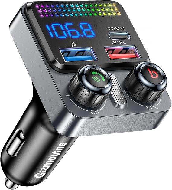GizmoVine Transmisor FM para Coche, Adaptador Bluetooth 5.4 48W, 3 Puertos Carga (PD 30W + QC 18W), Música Inalámbrica, Grave Profundo, Manos Libres, Asistente de Voz, Pen Drive, 12V/24V