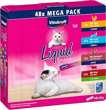 Vitakraft Liquid Snack para Katzen, Katzen Leckerlis im Mega Pack (48x15g), cremige Textur, con Rind, con Huhn, con Lachs, 1 Vorratspackung