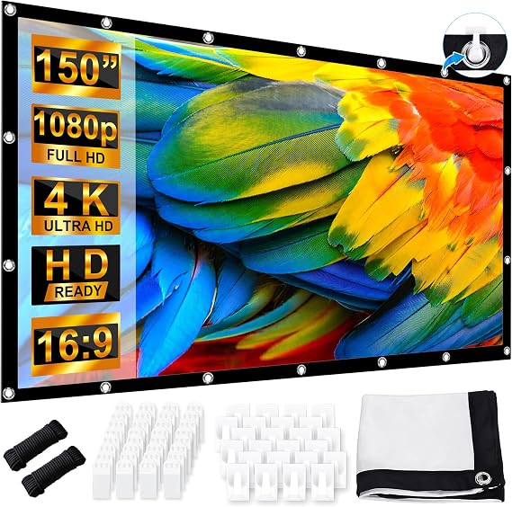 Pantalla Proyector 150 Pulgadas, LEORFI Portátil Pantalla Proyector Soporte 16:9 4K Full HD, 336x190 cm Pantalla de Proyección de Doble Cara para Patio, para Cine casa Camping Eventos Recreativos