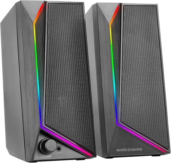 Mars Gaming MS72, Gaming-Lautsprecher 15W, RGB Flow Beleuchtung, 2 Aktive Treiber, DSP-Chipsatz, Plug&Play USB- und 3,5mm-Klinkeschluss, Lautstärkeregler und Audioanschluss für Kopfhörer, Schwarz