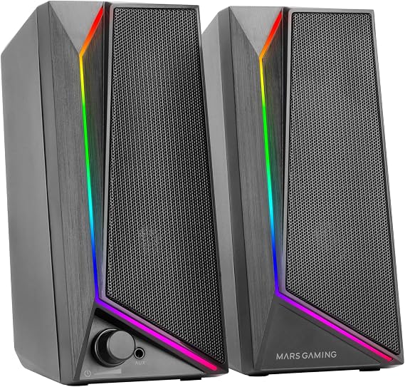 Mars Gaming MS72, Altavoces Gaming 15W, Éclairage RGB Flow, 2 Drivers Actifs, Chipset DSP, Connexion Plug&Play USB et Jack 3.5mm, Molette Contrôle du Volume et Port Audio para Auriculares, Negro