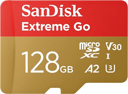 SanDisk 128GB Extreme Go Tarjeta Micro SD + adaptador SD (Para smartphones y tabletas Android, Action Cams, Drones, UHS-I, hasta 200 MB/s, 5k, 4K UHD, V30, Rescue PRO Deluxe, Class 10, U3) para Amazon