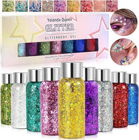 AOKITO Festival Gel de Purpurina para Rostro y Cuerpo – 9 Botellas de Gel Corporal con Cucharas, Purpurina Gruesa para Carnaval, Festival, Mascarada y Maquillaje de Fiesta
