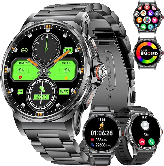 Reloj Inteligente Hombre, 1.43"AMOLED con Llamadas Bluetooth, 3 Correas, IP68, Monitor de Frecuencia Cardíaca/Sueño, 120+ Modos Deportivos, Reloj Deportivo para Compatible con Android e iOS, Negro