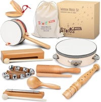 Set de Instrumentos Musicales de Madera Stoie’s para Niños de 1-9 Años – Tambor, Flauta, Maracas, Campanitas, Castañuelas, Pandereta, Juguete Montessori Educativo, Seguro, con Bolsa de Algodón