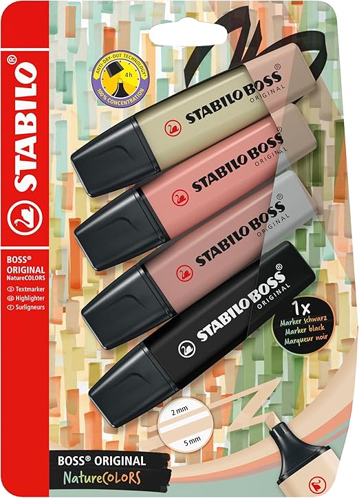 STABILO - Textmarker - BOSS ORIGINAL NatureCOLORS - 4er Blister - schlammgrün, siena, umbra, schwarz