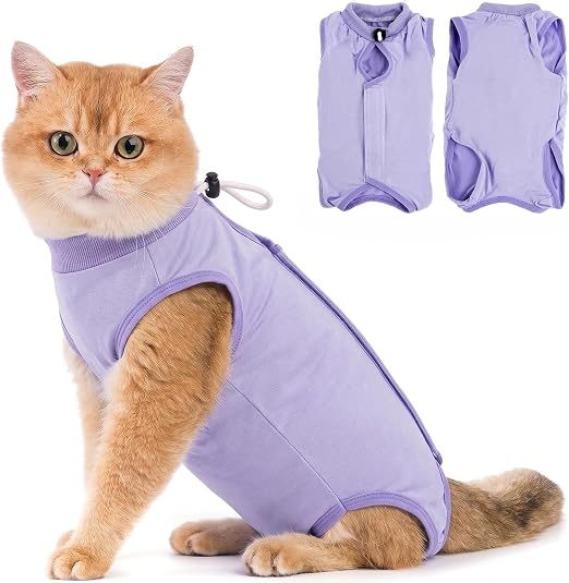 Avont Traje de Recuperación para Gato Después de la Cirugía, Ropa Protectora Postoperatorio y Protección contra Lamer la Piel para Gatos Hembra -Lavanda, Pequeño