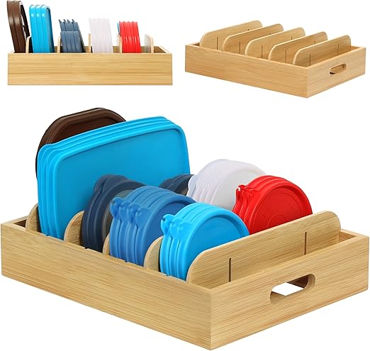 Winter Shore Organizador de Tapas de Plástico - Organizador Fregadero de Bambú para Cajones de Cocina y Almacenaje para Tapas, Recipientes de Comida - Con 5 Separadores Ajustables y Asas Talladas