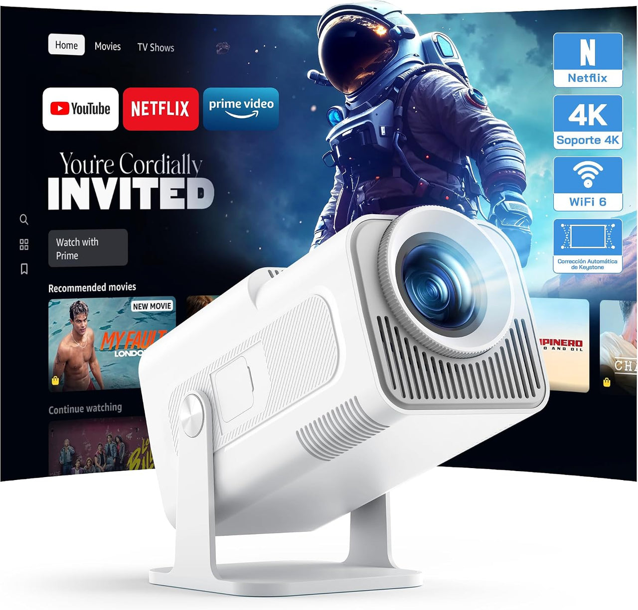 WOLFANG 4K Proyector Portátil【App Integrada/Netflix Oficial】, 26000 Lúmenes Mini Proyector con WiFi 6, 50% Zoom, 180° Rotation Projector Portable para Home Cinema/TV Stick/iOS/Android/PC/PS5/HDMI/AV