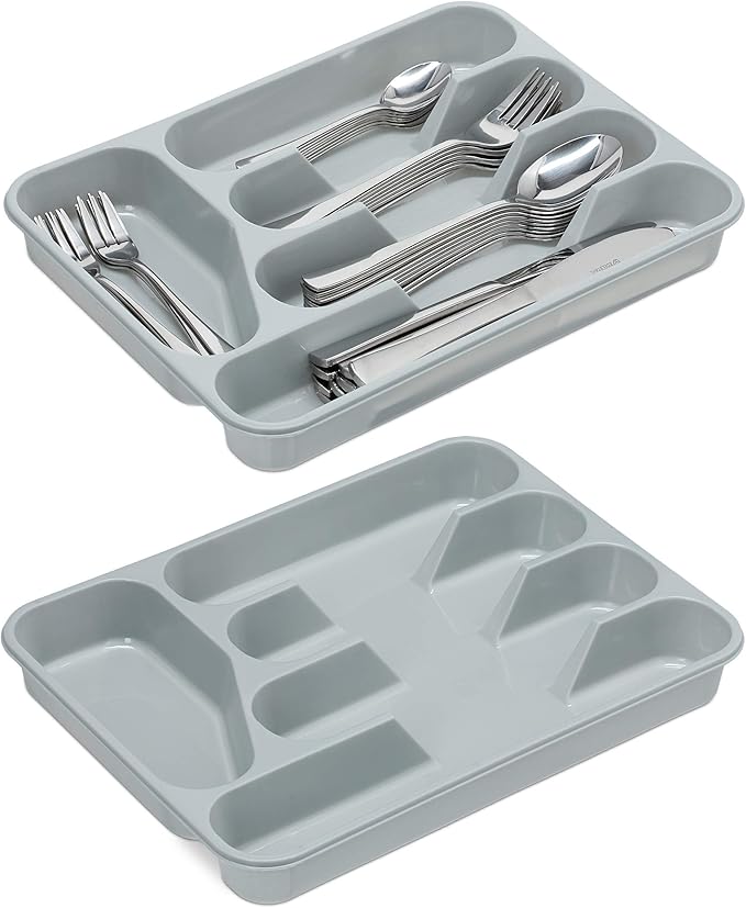 Relaxdays Pack de 2 Cuberteros, Organizador Cubiertos Cajón, Bandeja con 5 Compartimentos, Plástico, 4x25x33 cm, Gris