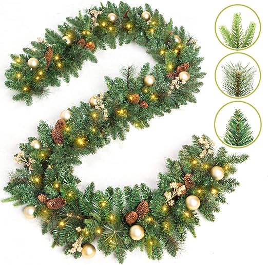 Queta Corona de Navidad artificial con 40 luces LED, funciona con pilas, 1,8 m, para decoración interior y exterior