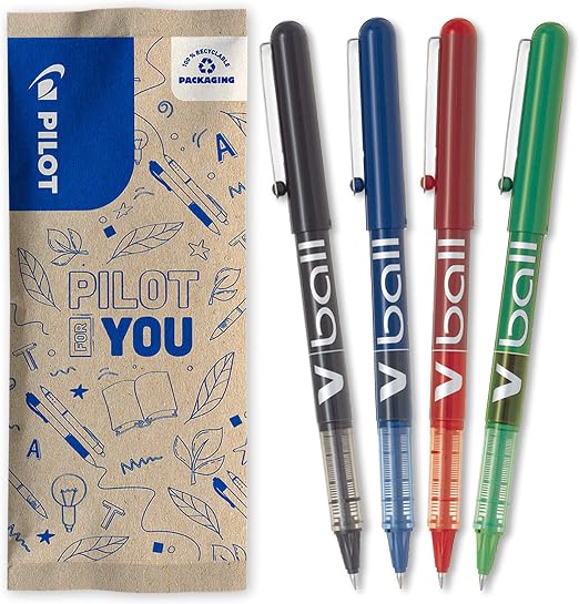 PILOT - Set di 4 V-Ball 05 - Penne Roller con Inchiostro Liquido - Punta Conica Fine per una Scrittura Fluida e Precisa - Asciugatura rapida - Nero, Blu, Rosso, Verde - Punta Fine