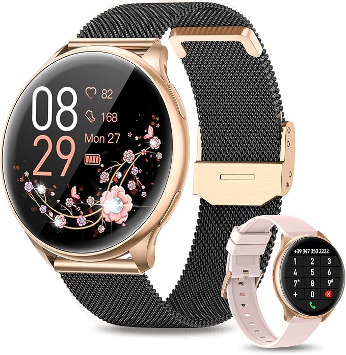 RUXINGX Smartwatch Damen mit Telefonfunktion 1.32" HD Voll Touch Screen, Armbanduhr mit SpO2 Pulsuhr Menstruationszyklus Schlafmonitor Schrittzähler Fitness Tracker IP68 iOS Android Schwarz Siber