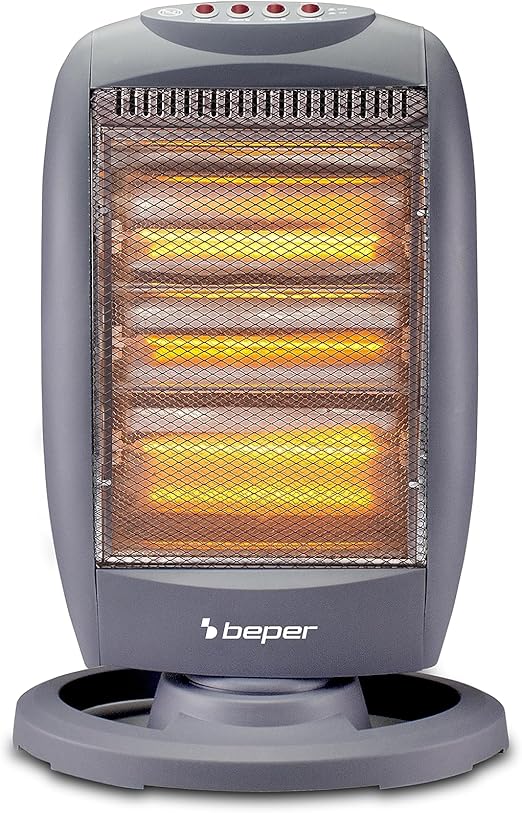 BEPER P203PAN011 Panel radiante halógeno, 400/800/1200W, 3 Elementos calefactores, 3 Niveles de potencia, Oscilación horizontal automática, Función ECO y Apagado automático, Gris