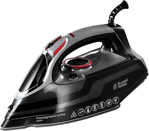 Russell Hobbs Plancha de Ropa Power Steam Ultra - 3100W, Suela Cerámica, Planchado Seco, Golpe Vapor 210g, Antical, Antigoteo, Función Autolimpieza, Apagado Automático, Negro - 20630-56