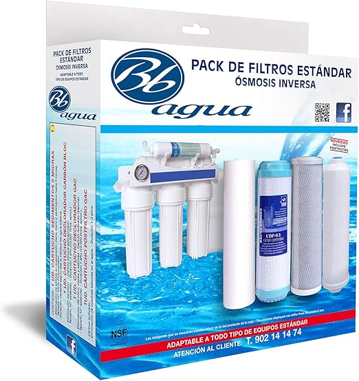 Pack de 4 Filtros ósmosis. Pack de Recambio de Filtros compuesto por 1 de Sedimentos, 1 de Carbón GAC, 1 de Carbón Block, 1 Post Filtro de Coco. Bbagua.