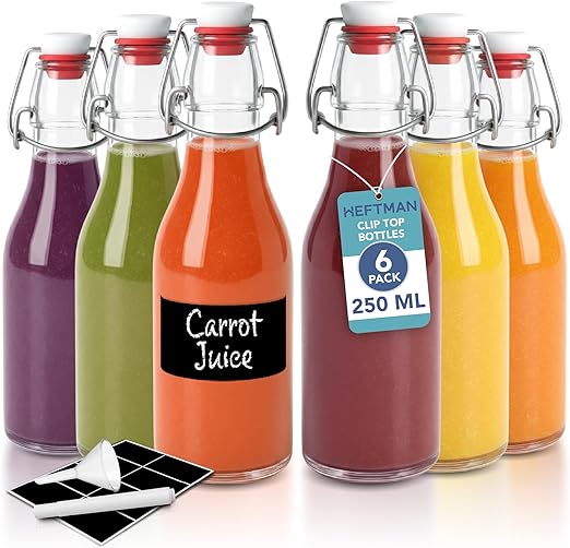 HEFTMAN Juego de 6 botellas de vidrio herméticas para vino, condimentos, bebidas, aceite, vinagre, kombucha y agua - 1 litro