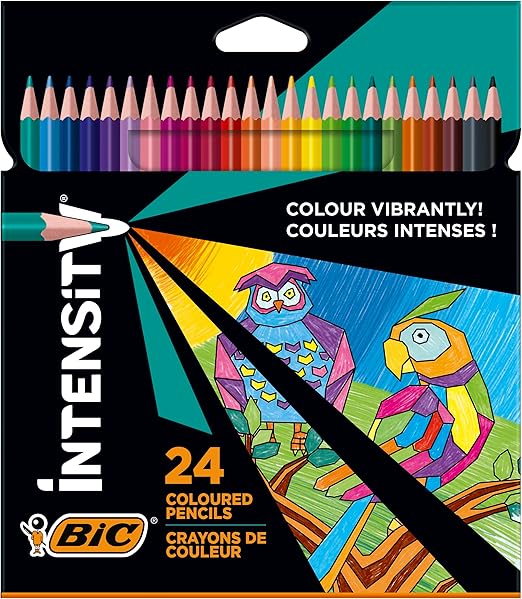 Lápices de colores BIC Intensity, crayones triangulares, lápices de colores para pintar en 24 colores, en estuche de cartón, plomo irrompible y sin madera (el paquete puede variar)