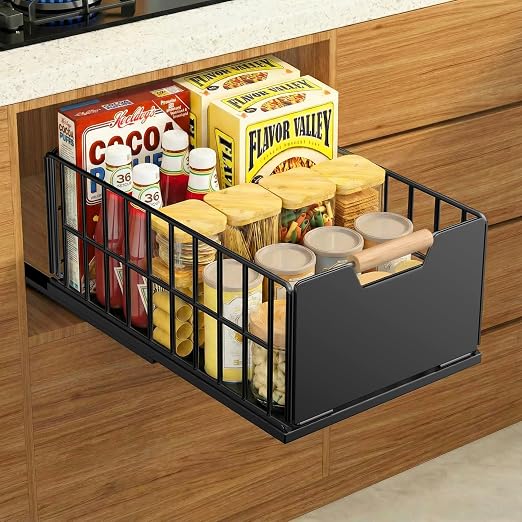 Cajones extraibles para Cocina, rganizador de telescopico cajones tallering con guías para cajones y manija de madera, cajón extraíble de metal para gabinetes de Cocina - 40 L x 25 W x 18 H CM