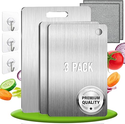 SET de 3 Tabla de Cortar con Aleación de Titanio para Cocina de Acero Inoxidable SUS316 y SUS 304 + Ganchos y Paños - Tabla de Cortar de Titanio Resistente + Reversible y Antibacteriana | 3-Stars