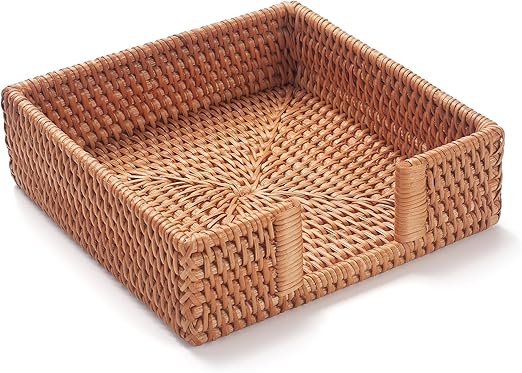 Servilletero de Ratán Cuadrado, 19 x 19 x 6,35 cm, Servilletero de Mimbre, Toallero Tejido para Invitados para Restaurante/Cocina/Baño
