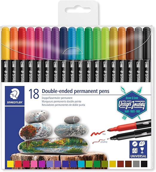 STAEDTLER Design Journey 3187 TB18, Rotuladores Permanentes de Doble Punta, Caja con 18 Marcadores de Colores Variados