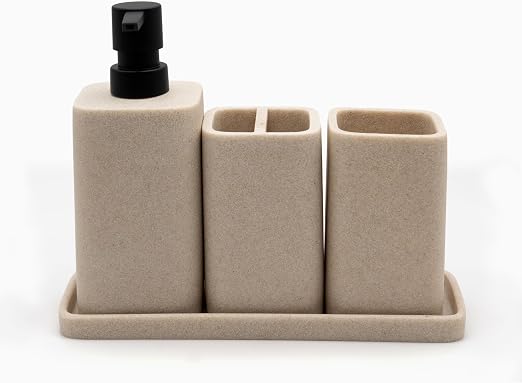 ZCCZ Juegos de Accesorios de baño 4 Piezas Beige con Dispensador de jabón, Vaso baño, Soporte para Cepillo de Dientes y Bandeja - Set de baño Beige