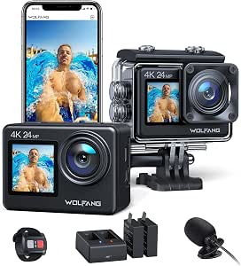 WOLFANG Cámara Deportiva GA200 4K 24MP Doble Pantalla WiFi Cámara de Video, Cámara Acuática Sumergible de 40M, 170° Gran Angular, Control Remoto EIS Mejorado, 2 Baterías, Multi Accesorios