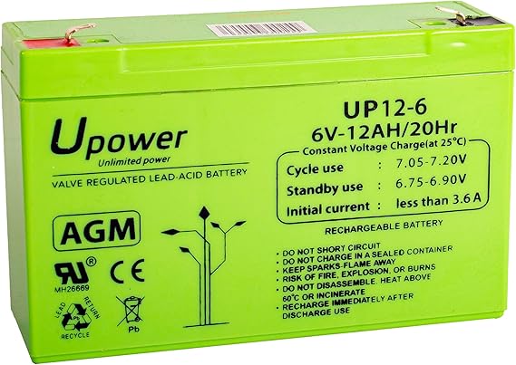 U-Power Batería AGM 6V 12Ah – Sellada Recargable Plomo-Ácido VRLA – para Alarmas, SAI/UPS, Seguridad, Juguetes Eléctricos y Más – Terminal Faston F1 (4.8 mm)