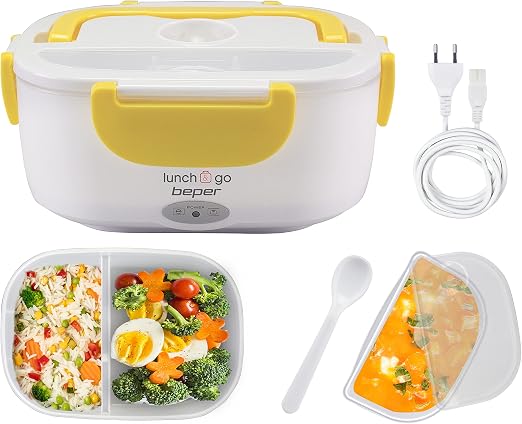 BEPER 90.920G Calientaplatos Eléctrico Portátil,2 Recipientes Extraíbles, Cubiertos Incluidos, 220V, Amarillo
