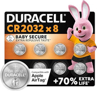 Duracell CR2032 pilas de botón de litio 3 V (paquete de 8) - Hasta un 70 % extra duración - Tecnología Baby Secure - Para Apple AirTag, llaves remotas, dispositivos domésticos, deportivos y médicos