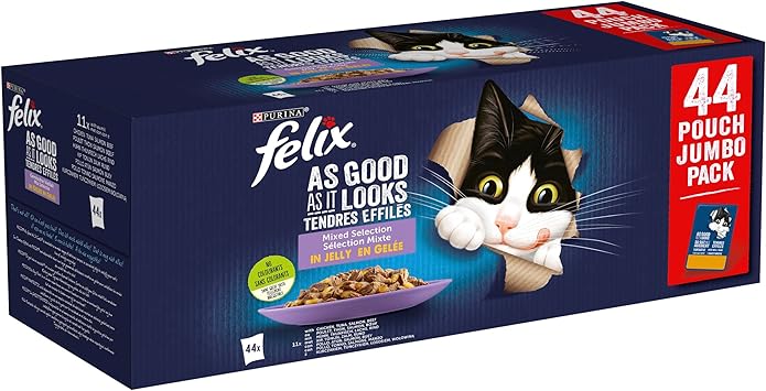 FELIX Fantastic, Comida Húmeda para Gato Adulto, Gelatina, Surtido de Buey, Pollo, Salmón y Atún, Pack de 44 Sobres de 85 g