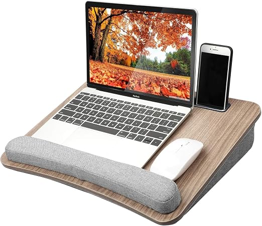HUANUO Escritorio portátil para Regazo con cojín de Almohada, con Tira Antideslizante y función de Almacenamiento para en el hogar, Oficina, Estudiantes(16,53'×11,81'), Moderno, Madera,