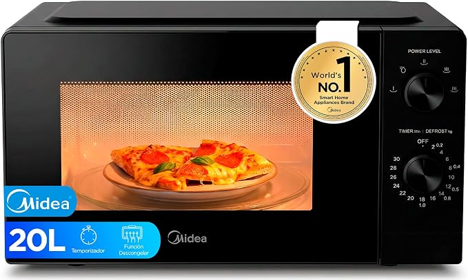 Midea Microondas 20 litros y 700 W de potencia | Microwave | Horno Microondas Negro de Sobremesa con Plato Giratorio, Función Descongelación, 5 Niveles de Potencia, Temporizador | Microondas sin grill