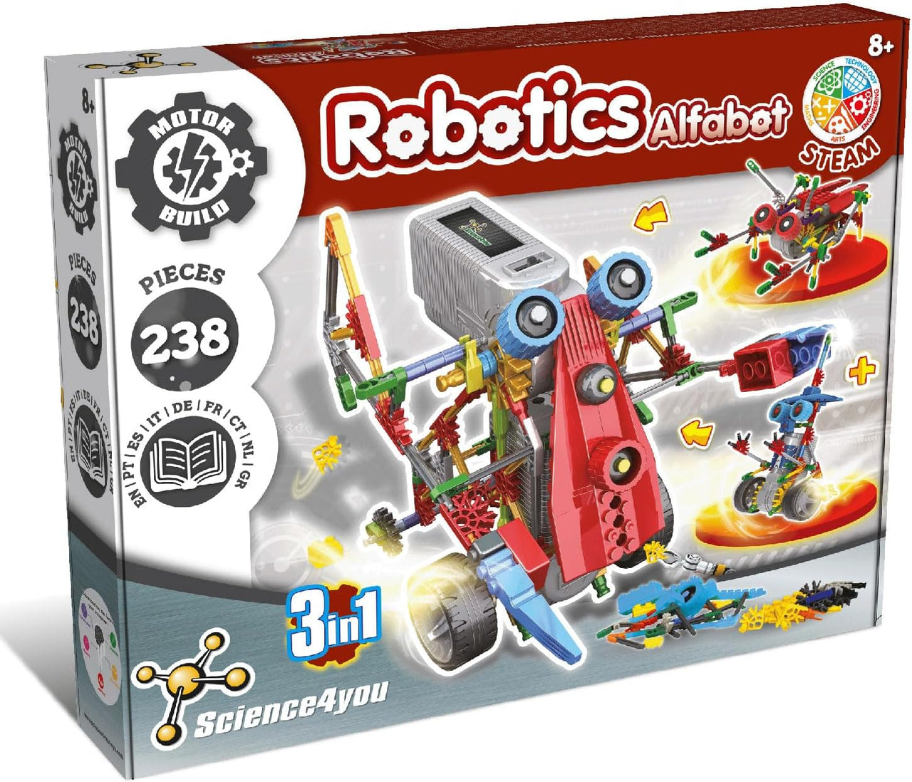 Science4you Robotics Alfabot 3 en 1 - Kit Robotica de 238 Piezas, Construye tu Proprio Robot, Juegos y Juguetes de Construcciones, Regalos para Niños de 6 7 8 9 10+ Años