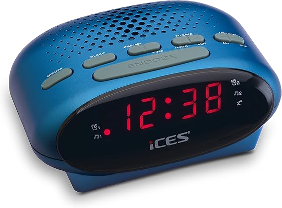 Ices ICR-210 Blue - Radio reloj FM - radio despertador con 2 tiempos de alarma - PLL FM - función repetición - temporizador de apagado - reserva de marcha - compacto - ICR-210 azul