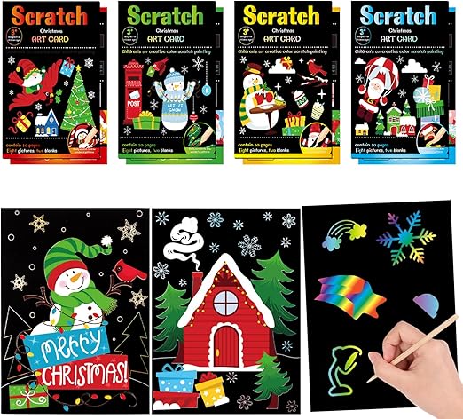 DERAYEE Juego de 4 cuadernos de Navidad para rascar, libros para colorear de Navidad, notas mágicas para rascar, blocs de papel con lápiz capacitivo de madera para recuerdos de fiesta de vacaciones