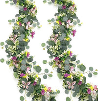 ASTNIC Paquete de 2 guirnaldas de flores de eucalipto artificiales de 5.68 pies con mariposa 3D, plantas colgantes falsas, enredaderas florales, margaritas, guirnalda de eucalipto para telón fondo (2)