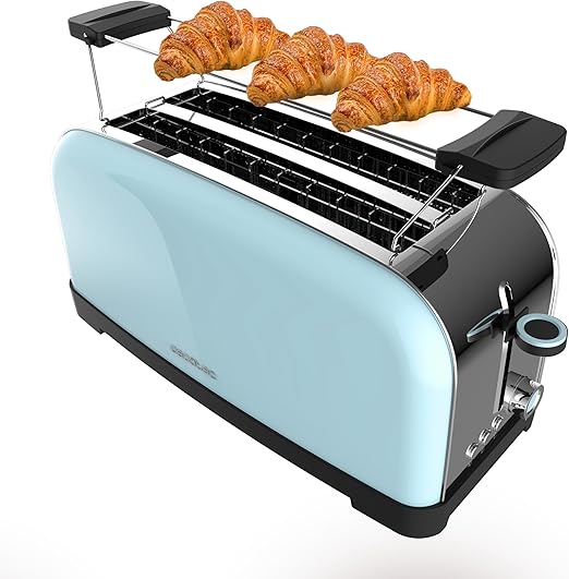 Cecotec Tostadora Vertical 2 Ranuras Largas Toastin' Time 1500 Blue. 1500 W, 4 Rebanadas de Pan, Ranura Ancha 3,8 cm, Soporte para Panecillos y Bandeja Recogemigas, Acero Inox y Azul