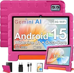 ZIOVO Tablet para Niños 10 Pulgadas Android 15 con 30GB RAM + 64GB ROM/TF 2TB, 5G WiFi, Gemini AI, Octa-Core, Widevine L1, Control Parental, iWAWA, BT 5.0, GMS Certificada Tablet con EVA Caso-Rosa