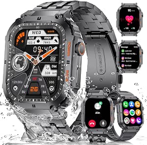 ESFOE Reloj Inteligente Hombre(3 Correas), 1.96'' 400mAh Smartwatch Hombre con Llamada Bluetooth,IP68 Impermeable,Cuerpo Metálico de Acero Inoxidable,100+Deportes Militar Smart Watch para Android iOS