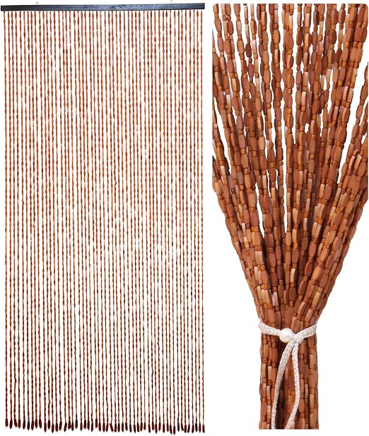 Cortina de perlas de madera marrón 90x195 cm hecha a mano 52 hebras