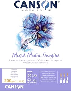 Canson Imagine, Papel Mixed Media, Grando ligero, 200g, Encolados por el lado corto, A3-29,7x42cm, Blanco natural, 50 Hojas